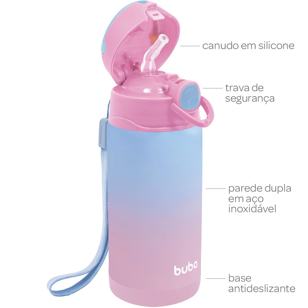 Garrafa Térmica Infantil Buba 400ml com Canudo – Degradê Rosa e Azul