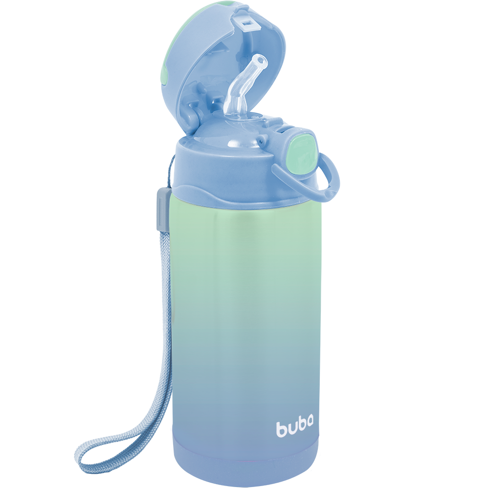 Garrafa Térmica Infantil Buba 400ml com Canudo – Degradê Verde e Azul