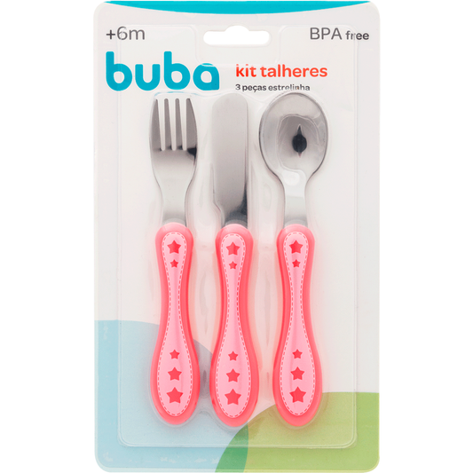 Kit Talheres Infantil Buba 3 Peças Estrelinha | Garfo, Faca e Colher +6 Meses
