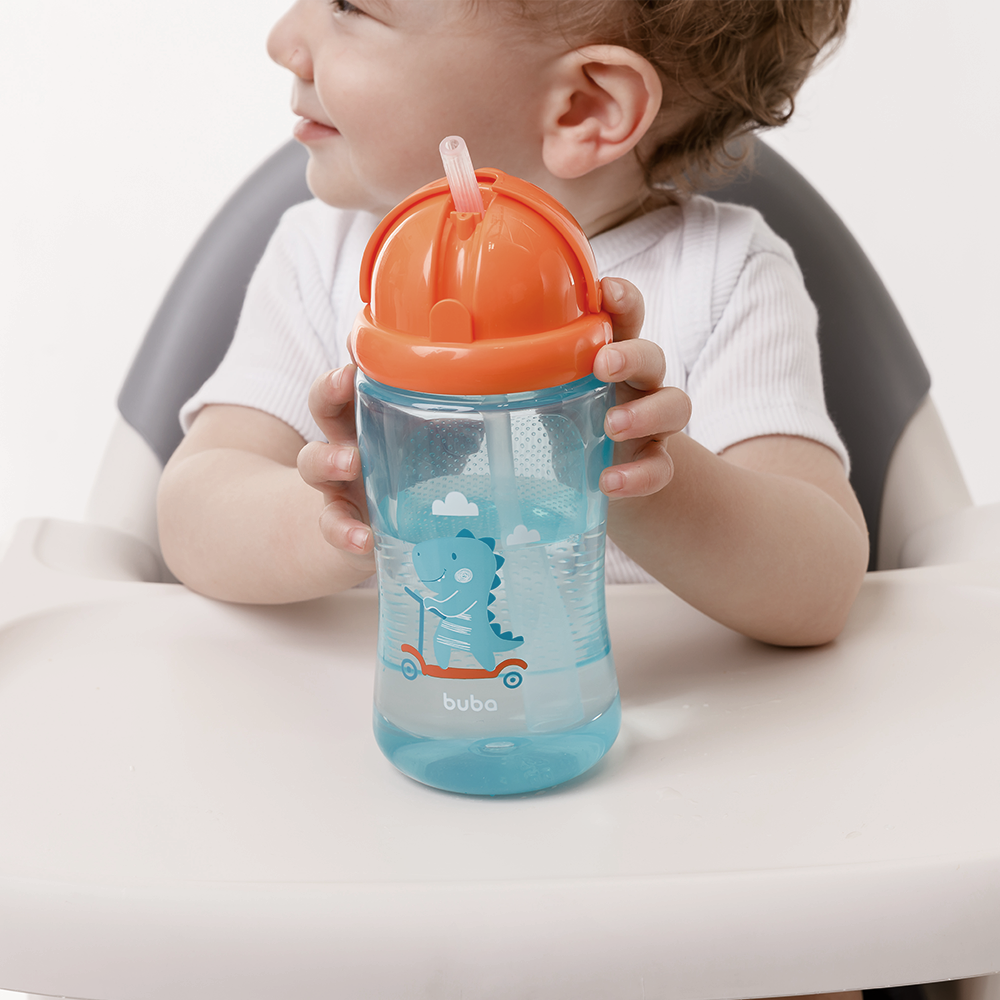 Garrafinha Infantil Buba Dino com Canudo em Silicone 400ml | Tampa Retrátil