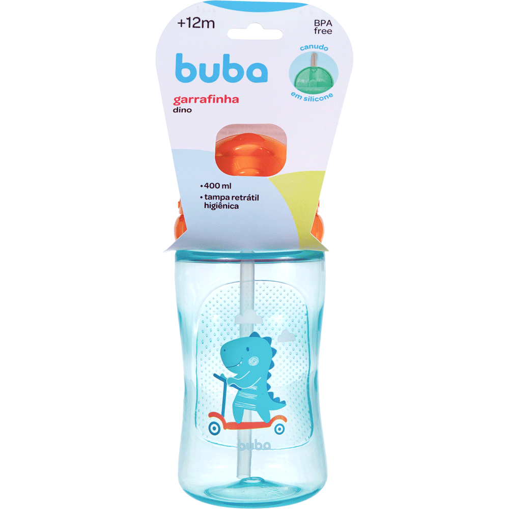 Garrafinha Infantil Buba Dino com Canudo em Silicone 400ml | Tampa Retrátil
