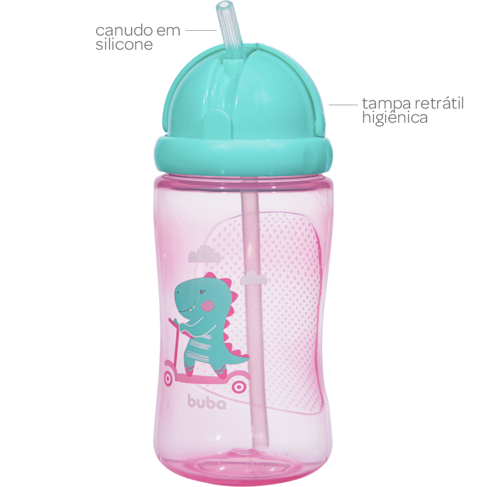 Garrafinha Infantil Buba Dino com Canudo em Silicone 400ml | Tampa Retrátil