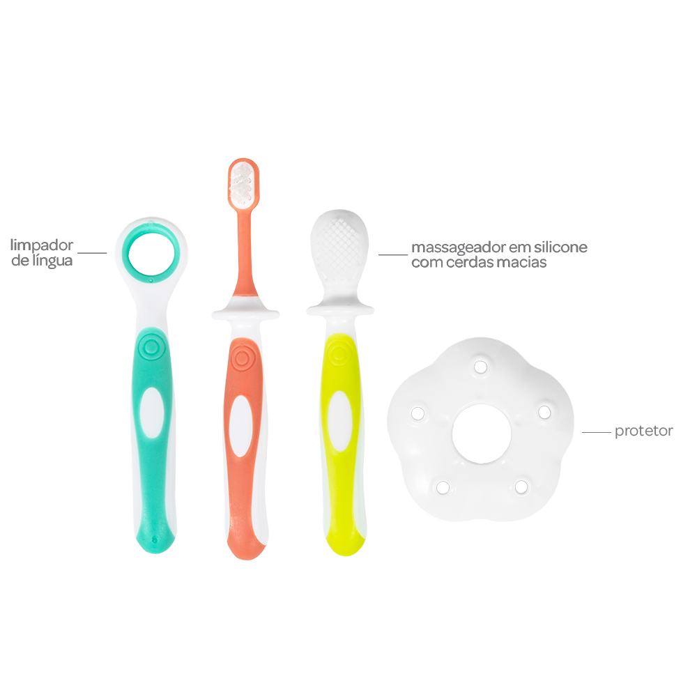 Kit Higiene Bucal Infantil Buba – 3 Peças com Protetor | Escova, Massageador e Limpador de Língua