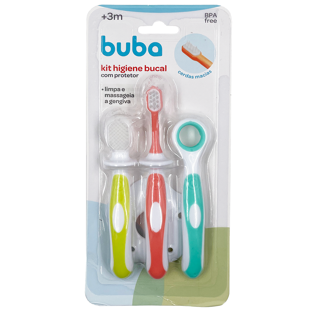 Kit Higiene Bucal Infantil Buba – 3 Peças com Protetor | Escova, Massageador e Limpador de Língua