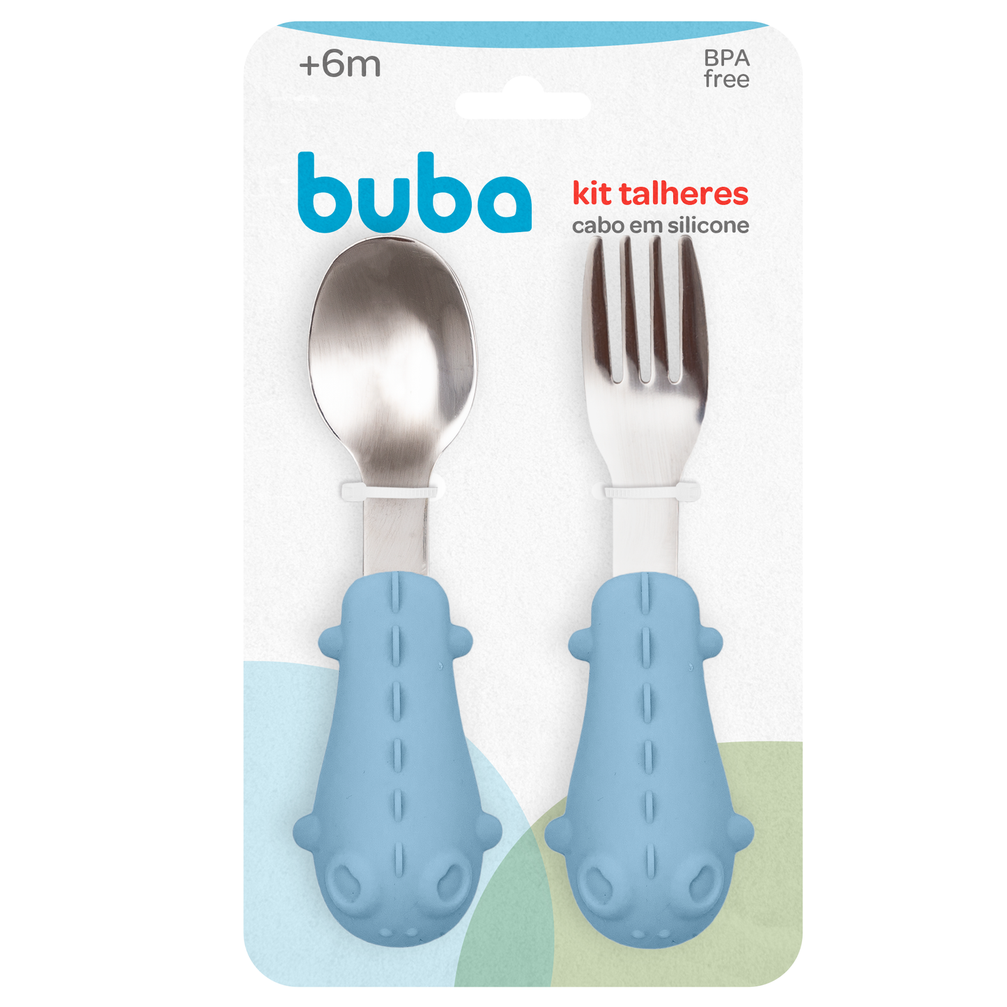 Kit Talheres Infantil Buba em Silicone e Aço Inox – Colher e Garfo para Introdução Alimentar +6 Meses