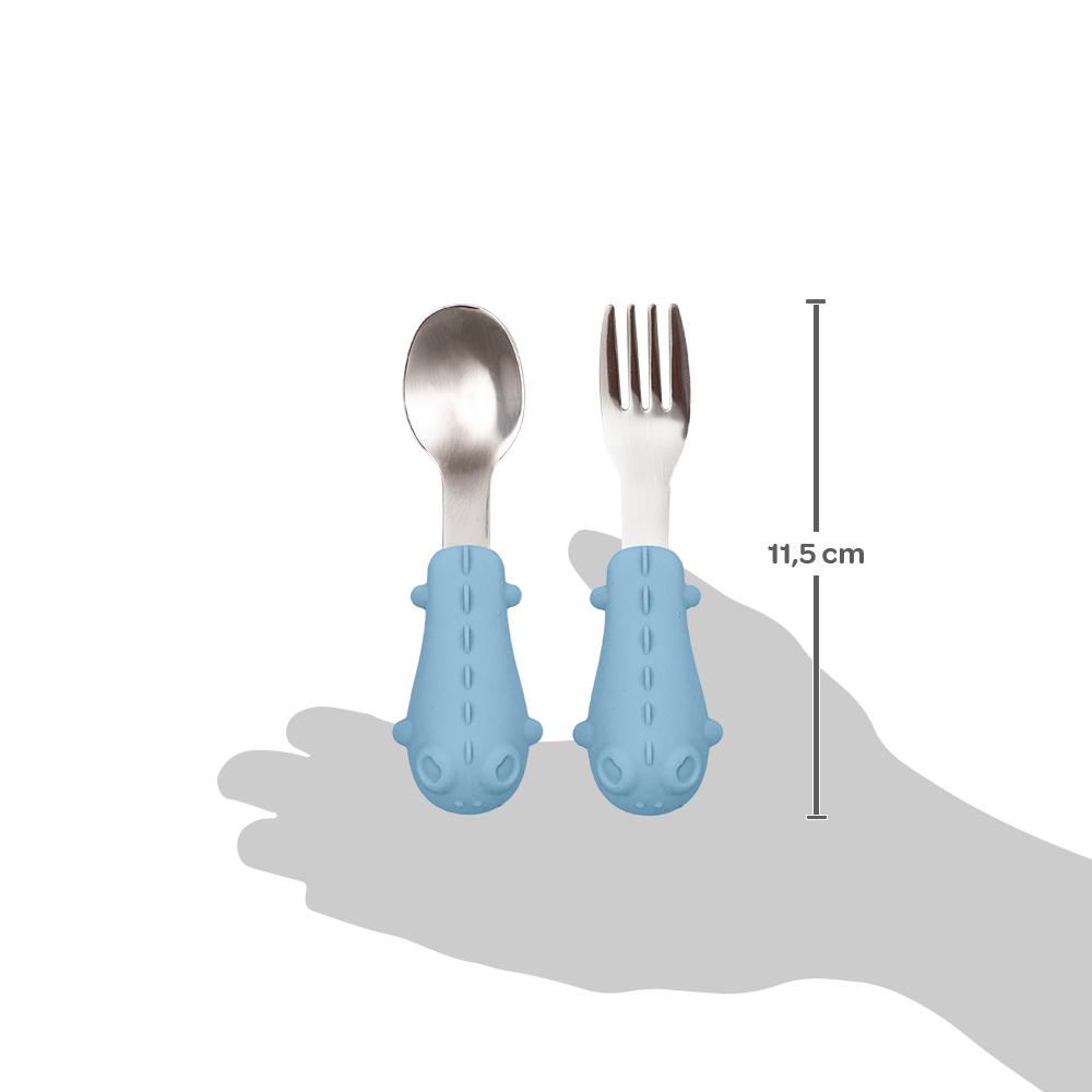 Kit Talheres Infantil Buba em Silicone e Aço Inox – Colher e Garfo para Introdução Alimentar +6 Meses