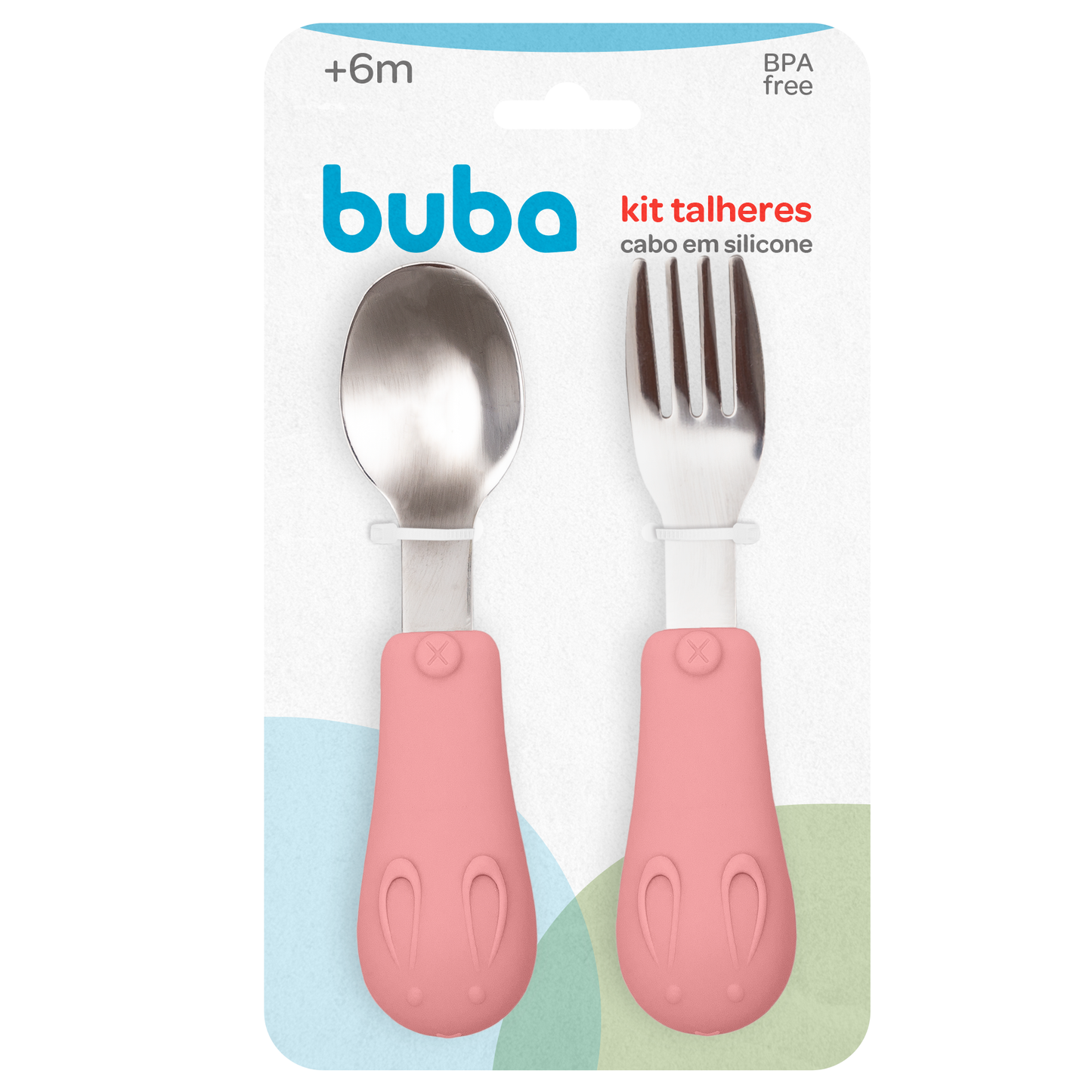 Kit Talheres Infantil Buba em Silicone e Aço Inox – Colher e Garfo para Introdução Alimentar +6 Meses
