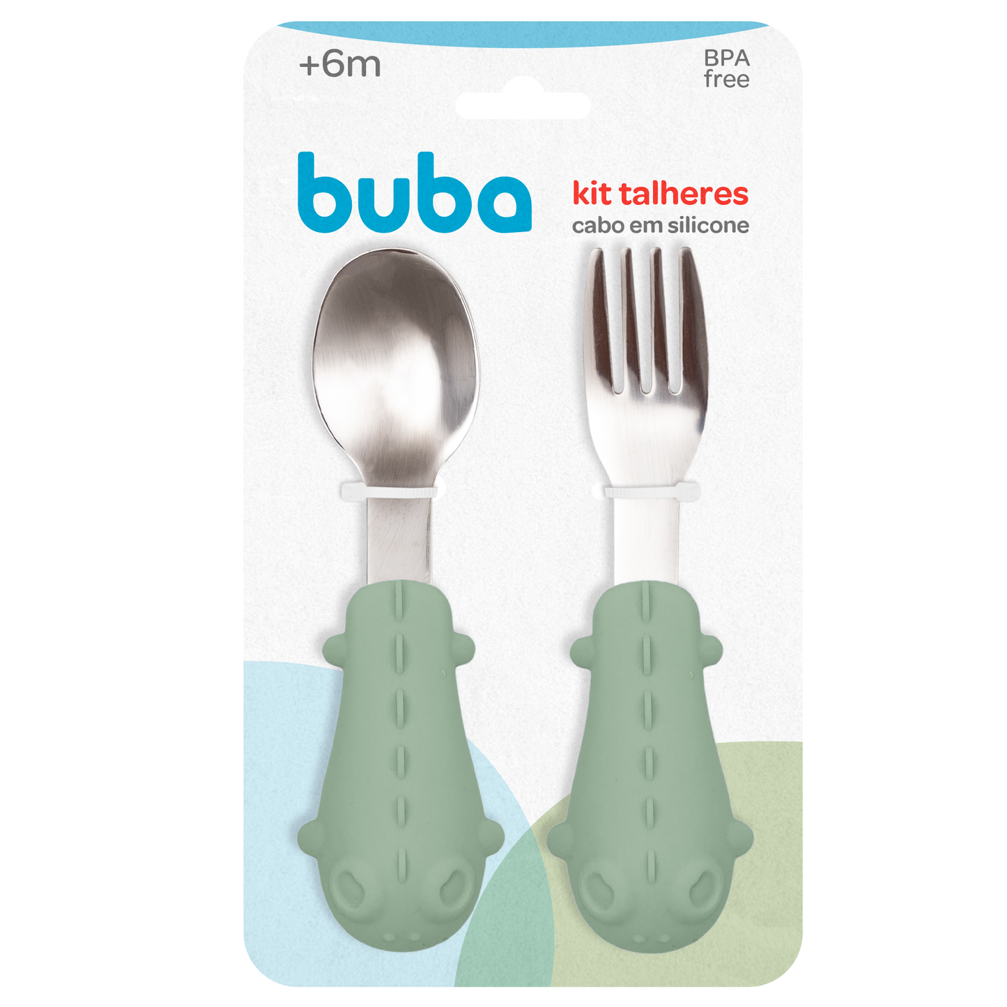 Kit Talheres Infantil Buba em Silicone e Aço Inox – Colher e Garfo para Introdução Alimentar +6 Meses