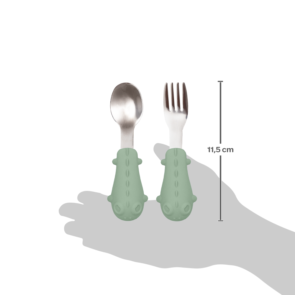 Kit Talheres Infantil Buba em Silicone e Aço Inox – Colher e Garfo para Introdução Alimentar +6 Meses