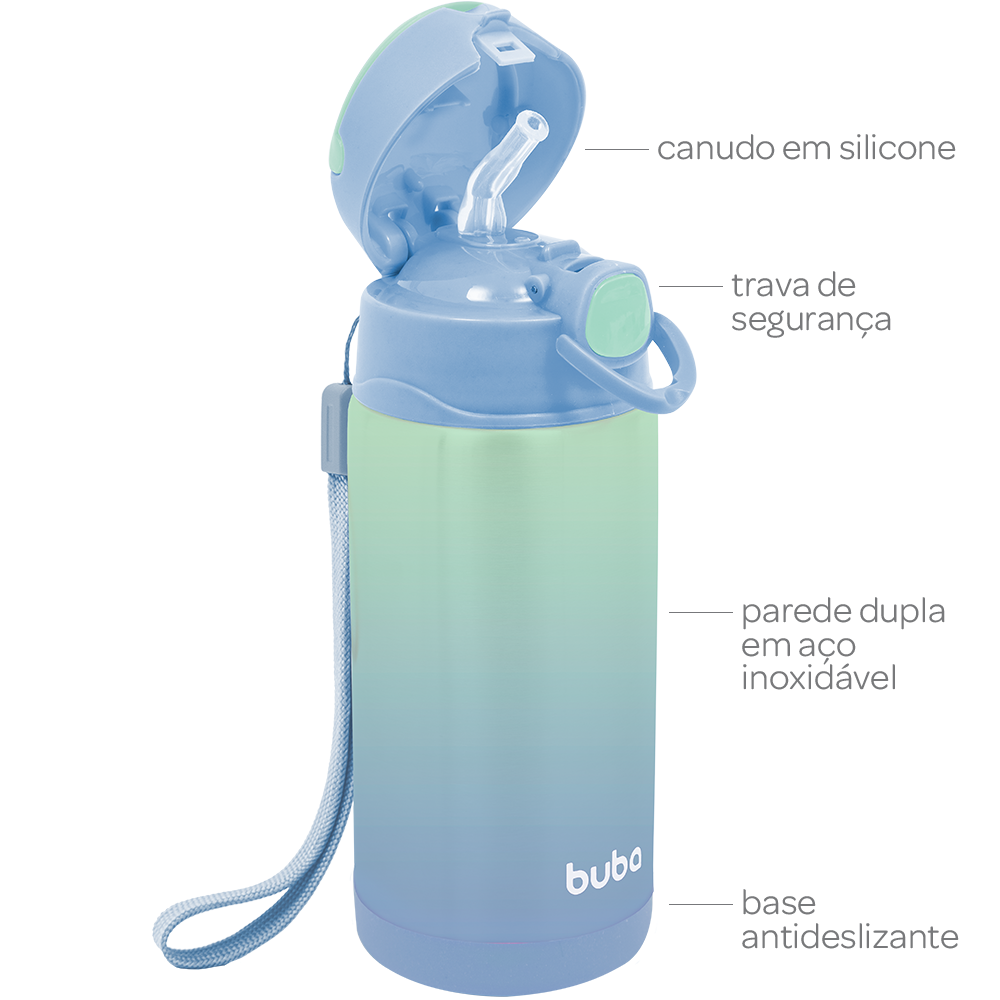 Garrafa Térmica Infantil Buba 400ml com Canudo – Degradê Verde e Azul