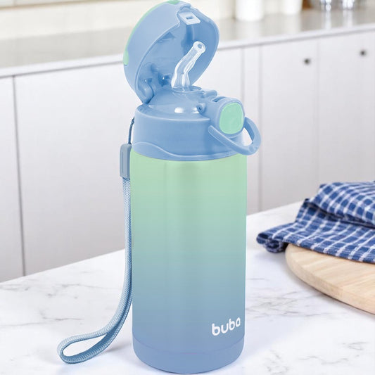 Garrafa Térmica Infantil Buba 400ml com Canudo – Degradê Verde e Azul