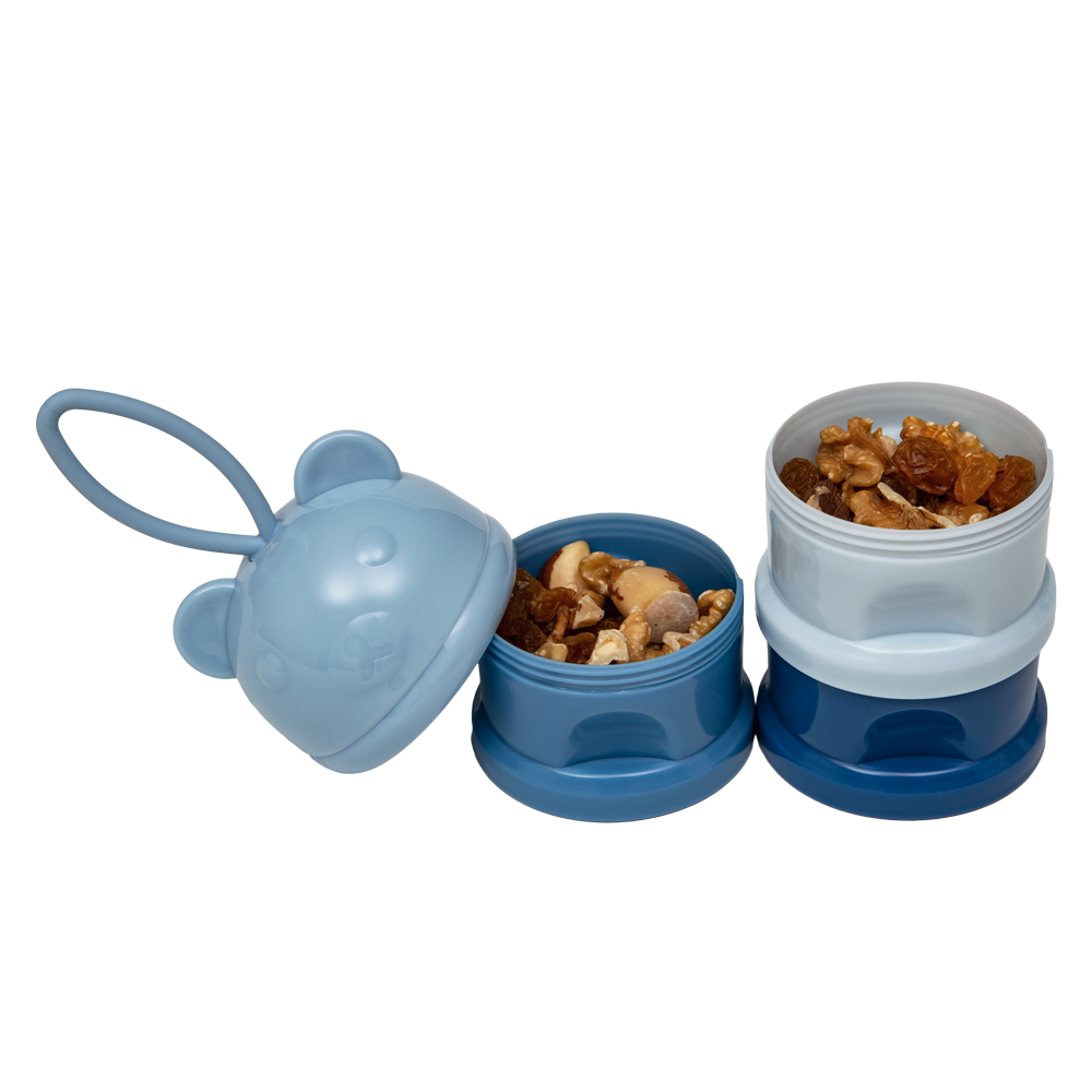 Potes Empilháveis Ursinho Azul com 3 Compartimentos para Lanches e Leite em Pó