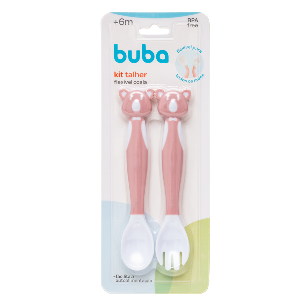 Kit Talheres Infantil Flexível Koala Buba com Colher e Garfo em Silicone – Rosa/Azul