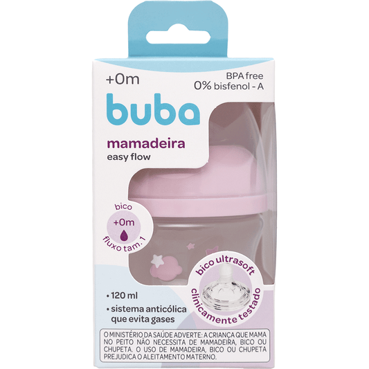 Mamadeira Buba Easy Flow 120ml Rosa +0 Meses – Bico Fluxo Tam. 1