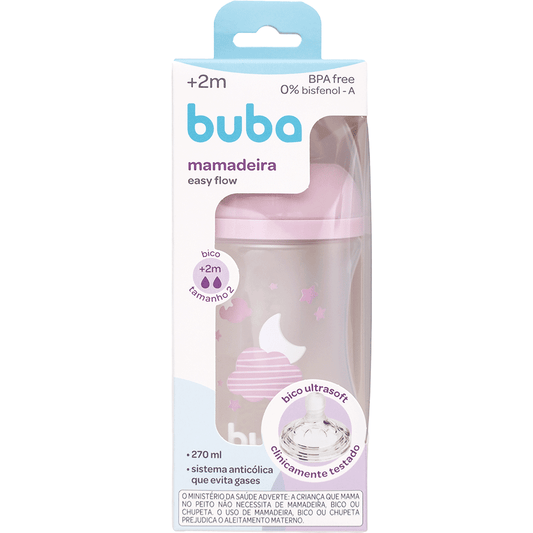 Mamadeira Buba Easy Flow 270ml Rosa +2 Meses – Bico Fluxo Tam. 2