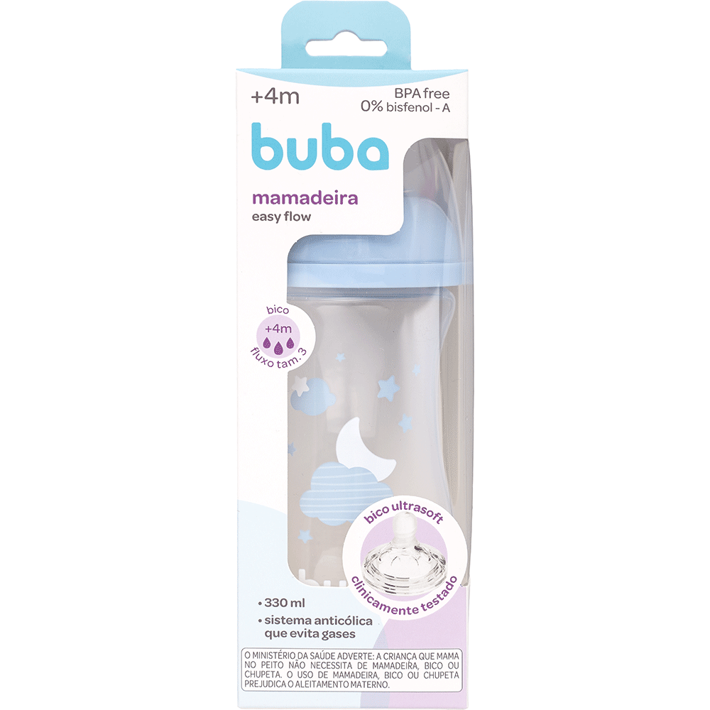 Mamadeira Buba Easy Flow 330ml Azul +4 Meses – Bico Fluxo Tam. 3