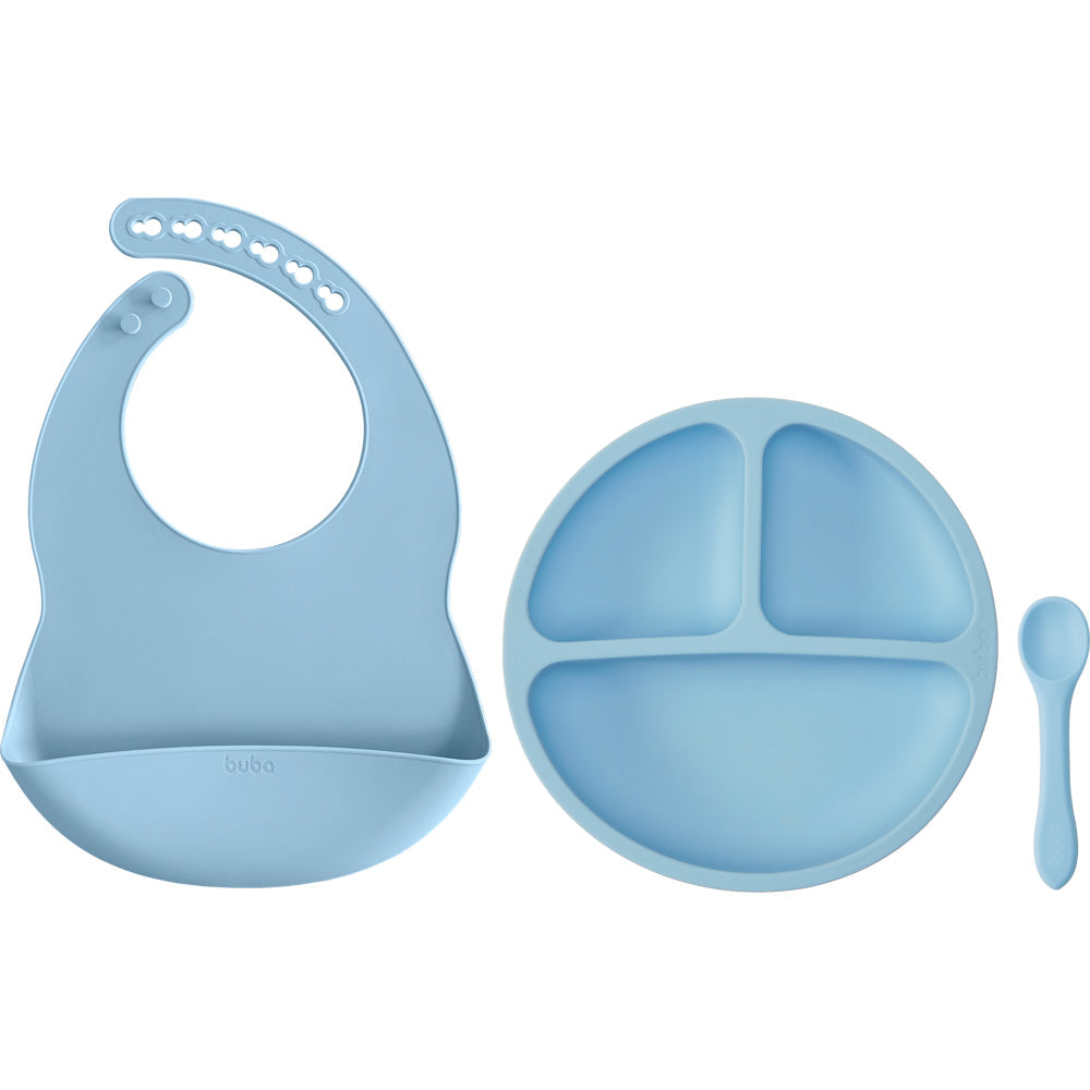 Kit Refeição em Silicone Buba – Prato com Divisórias, Babador e Colher (BPA Free)