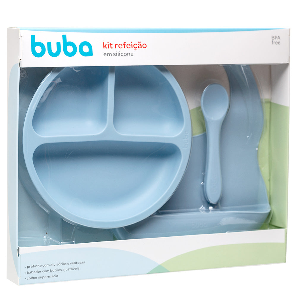 Kit Refeição em Silicone Buba – Prato com Divisórias, Babador e Colher (BPA Free)
