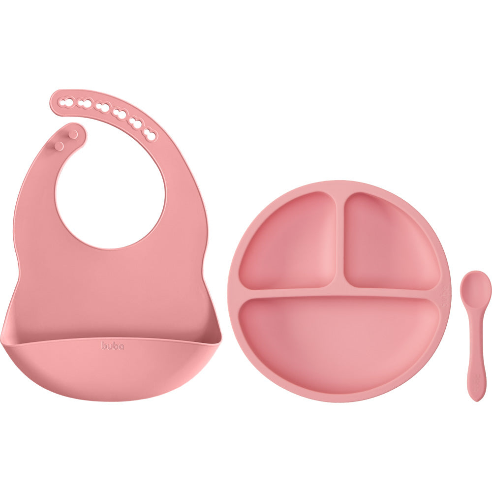 Kit Refeição em Silicone Buba – Prato com Divisórias, Babador e Colher (BPA Free)