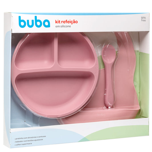 Kit Refeição em Silicone Buba – Prato com Divisórias, Babador e Colher (BPA Free)