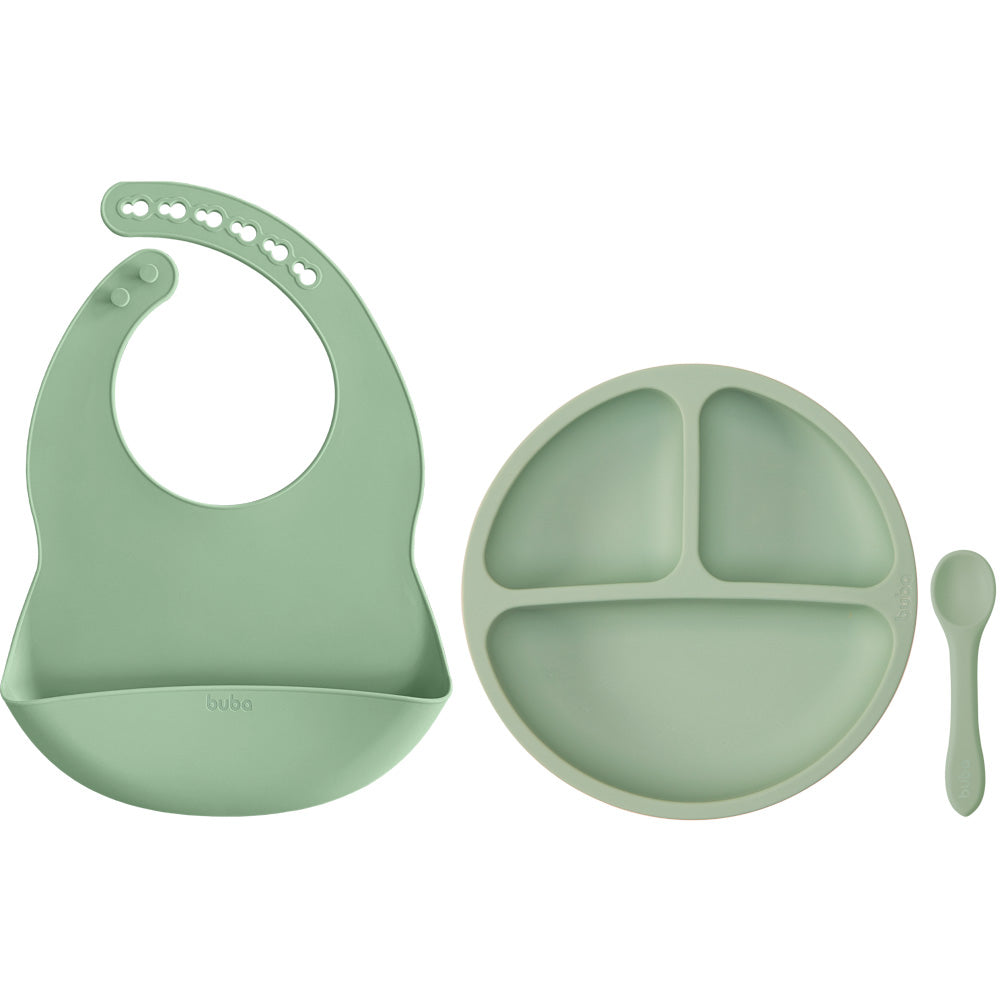 Kit Refeição em Silicone Buba – Prato com Divisórias, Babador e Colher (BPA Free)