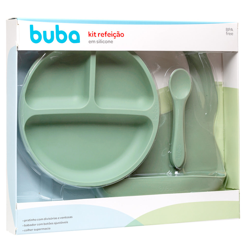 Kit Refeição em Silicone Buba – Prato com Divisórias, Babador e Colher (BPA Free)