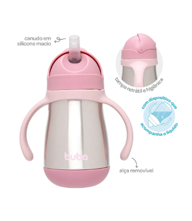 Garrafa Térmica Infantil Buba com Canudo em Silicone Retrátil e Alças