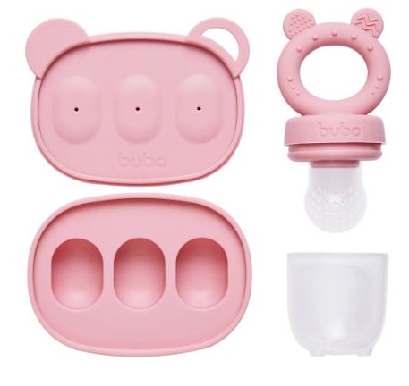 Kit Introdução Alimentar Buba Rosa | Alimentador Porta Frutas + Forma de Gelo em Silicone