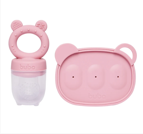 Kit Introdução Alimentar Buba Rosa | Alimentador Porta Frutas + Forma de Gelo em Silicone
