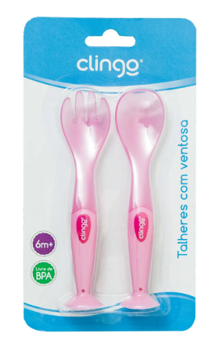 Kit Talheres Infantis com Ventosa Clingo Rosa – Garfo e Colher 6M+