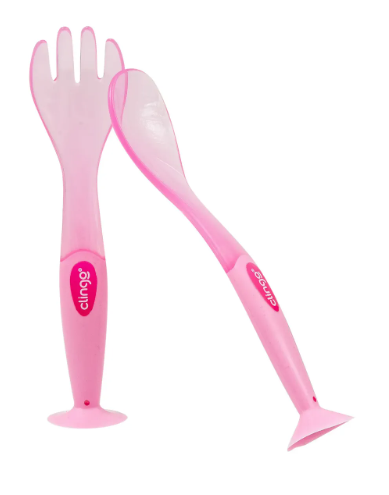 Kit Talheres Infantis com Ventosa Clingo Rosa – Garfo e Colher 6M+