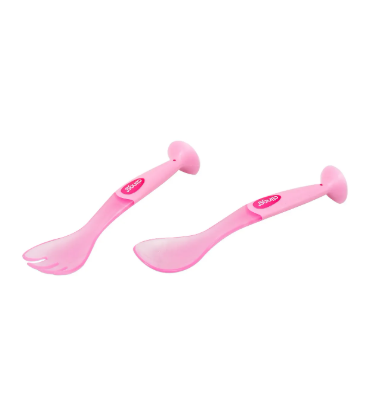 Kit Talheres Infantis com Ventosa Clingo Rosa – Garfo e Colher 6M+