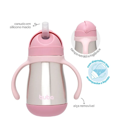 Copo Térmico Infantil Buba 270ml com Canudo e Alças – Parede Dupla +18M