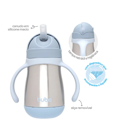 Copo Térmico Infantil Buba 270ml com Canudo e Alças – Parede Dupla +18M