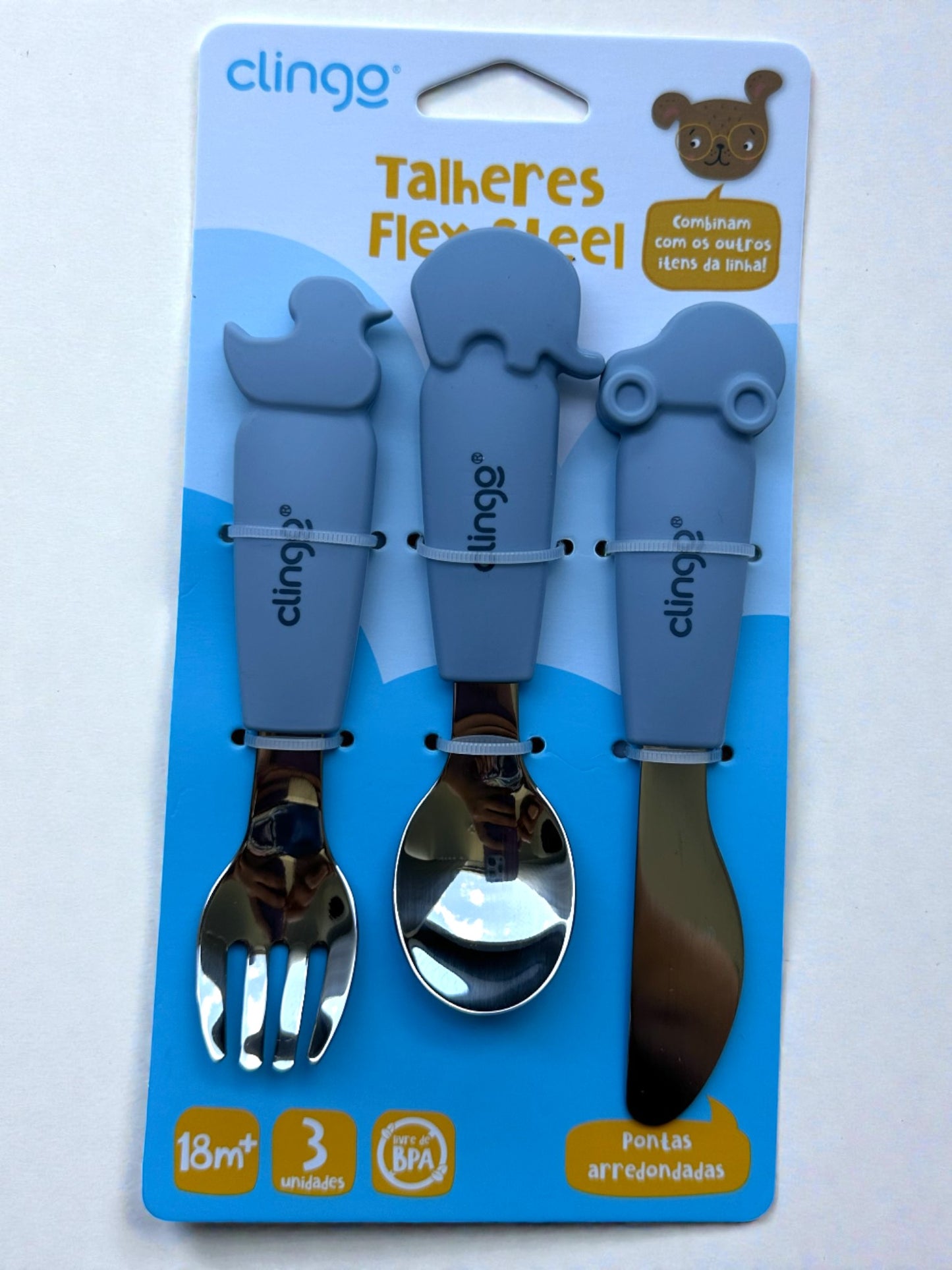 Talheres Infantis Flexíveis em Silicone e Inox Clingo – Garfo, Colher e Faca (18m+)