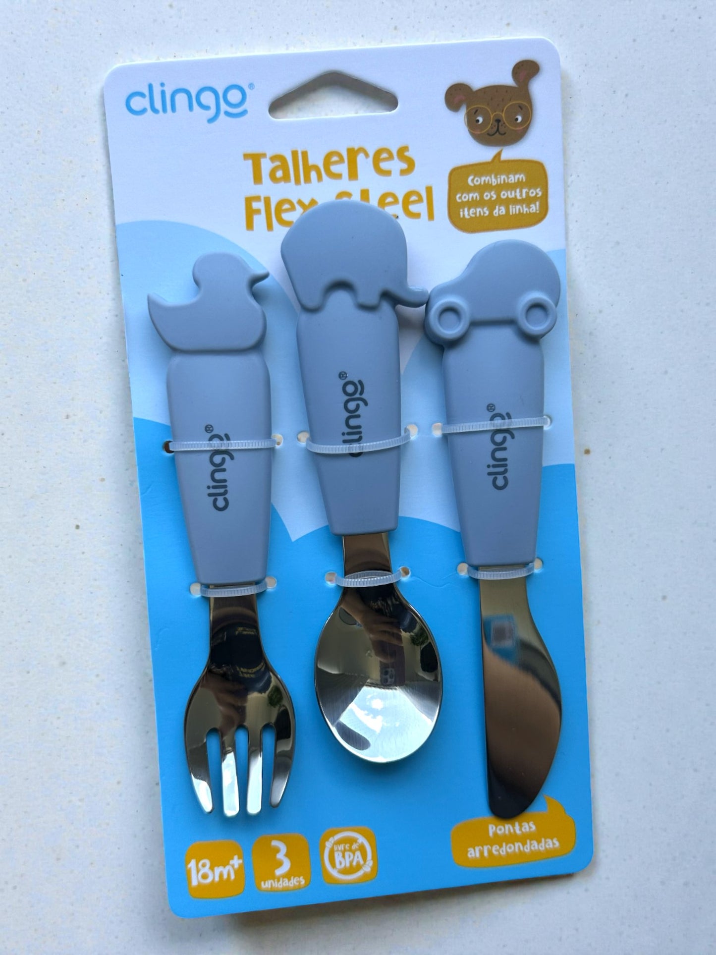 Talheres Infantis Flexíveis em Silicone e Inox Clingo – Garfo, Colher e Faca (18m+)