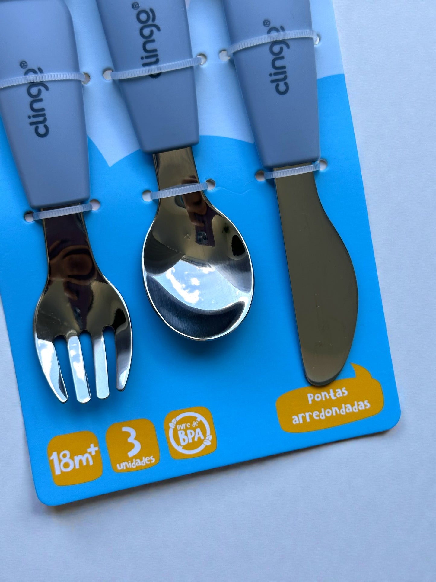 Talheres Infantis Flexíveis em Silicone e Inox Clingo – Garfo, Colher e Faca (18m+)