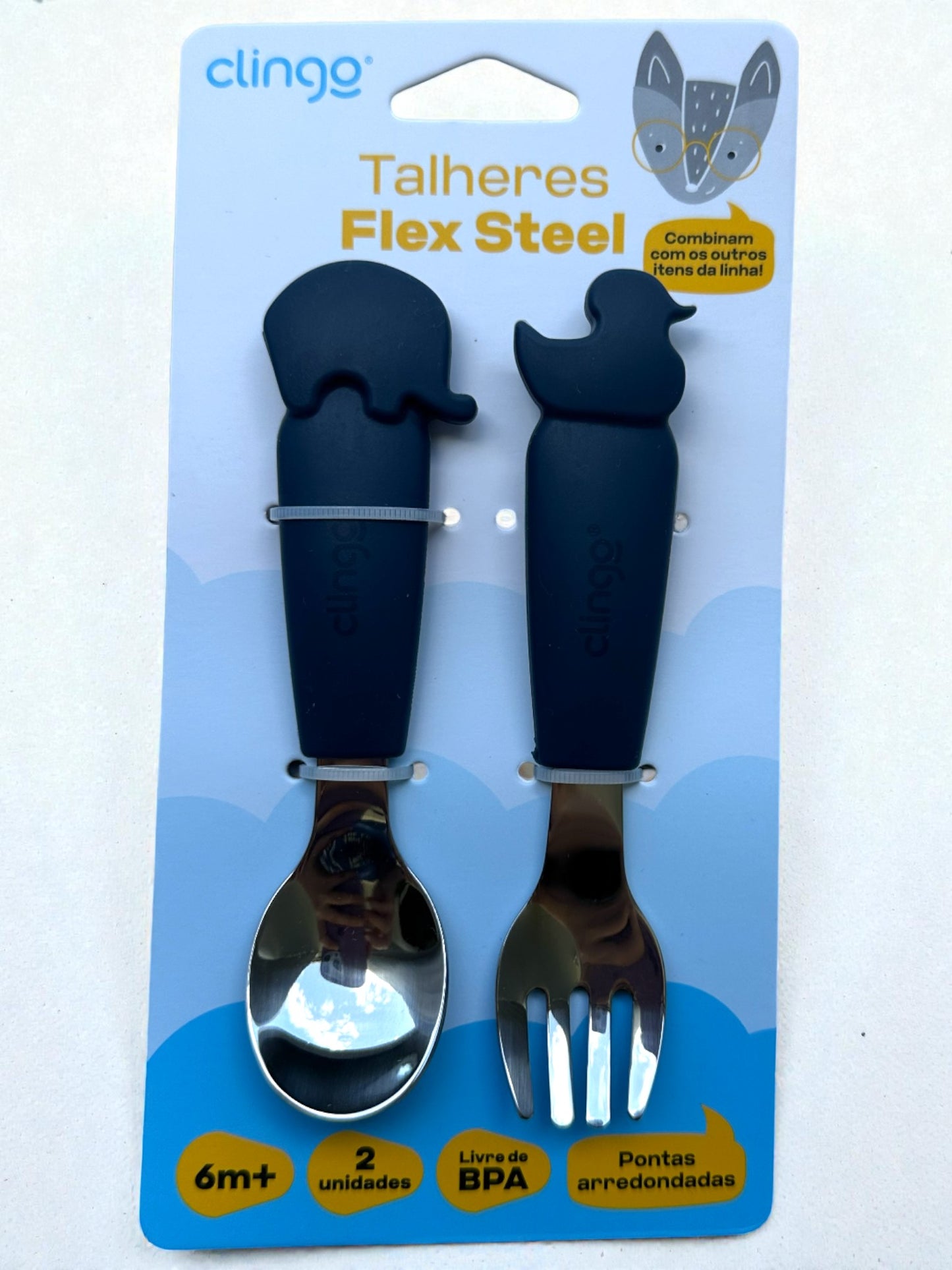 Talheres Infantis Flex Steel Clingo – Colher e Garfo em Silicone e Inox (6m+)
