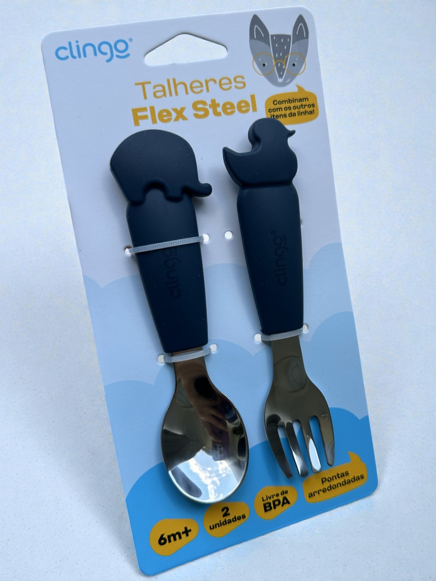 Talheres Infantis Flex Steel Clingo – Colher e Garfo em Silicone e Inox (6m+)