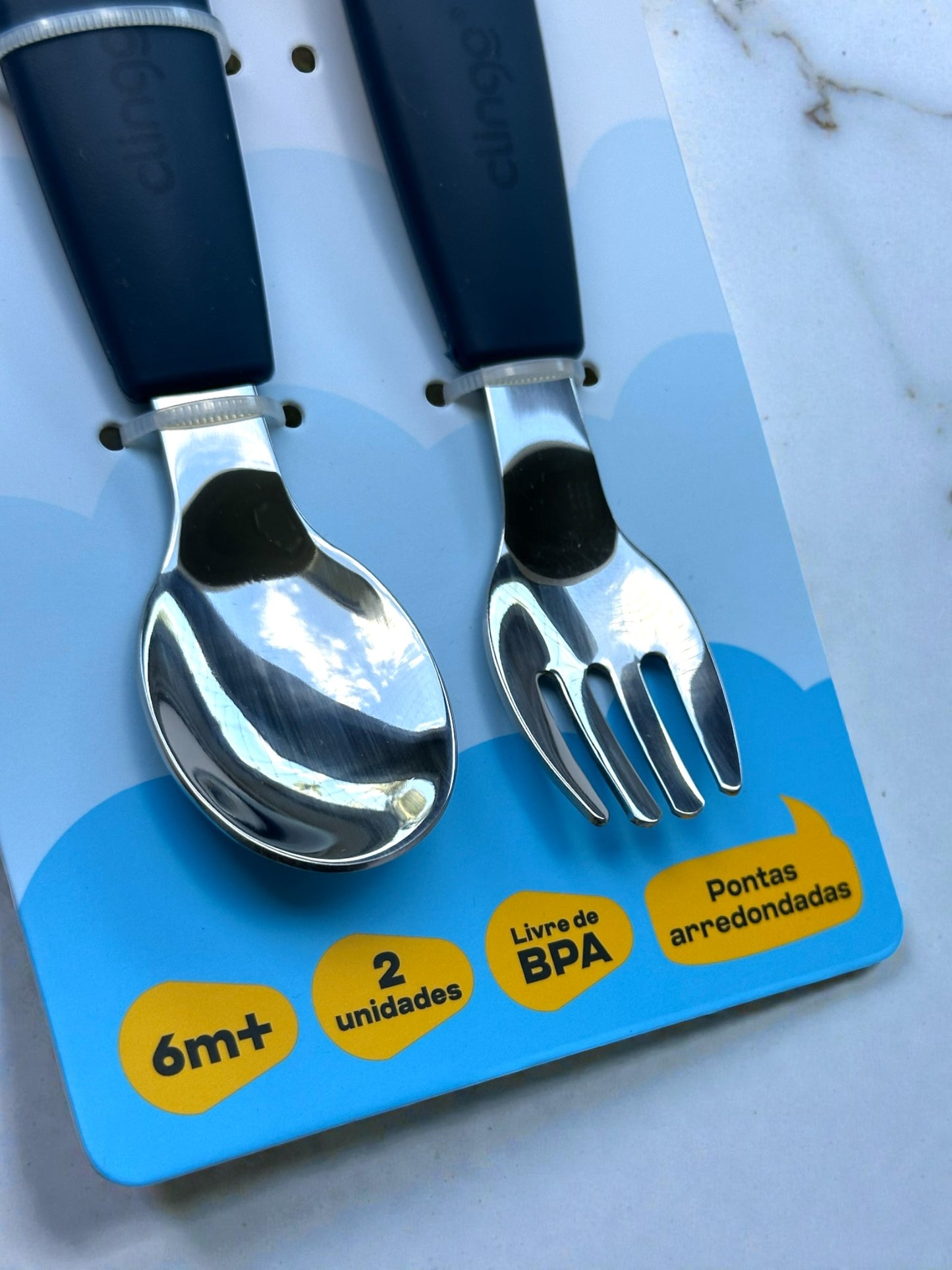 Talheres Infantis Flex Steel Clingo – Colher e Garfo em Silicone e Inox (6m+)