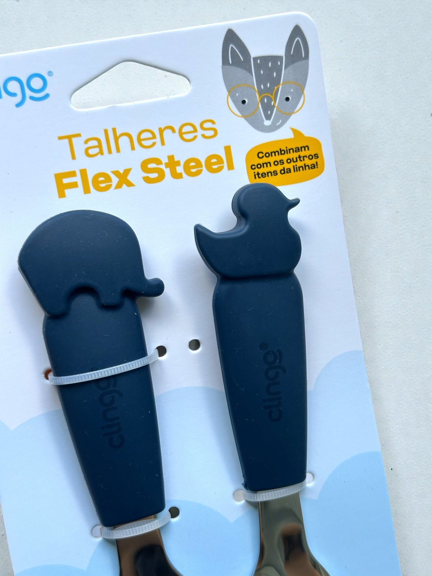 Talheres Infantis Flex Steel Clingo – Colher e Garfo em Silicone e Inox (6m+)