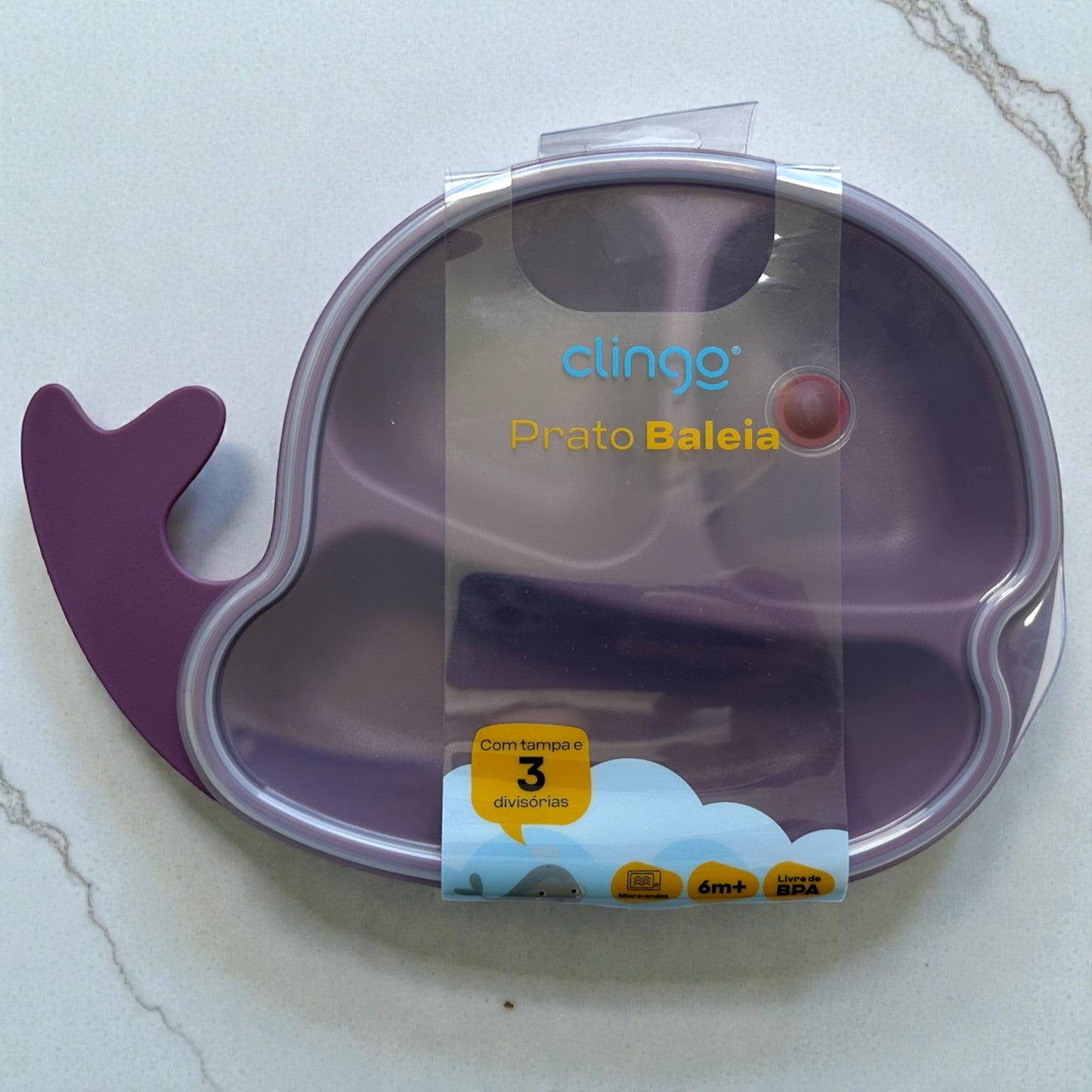 Prato Infantil Baleia Clingo com Tampa – Silicone com 3 Divisórias (6m+)