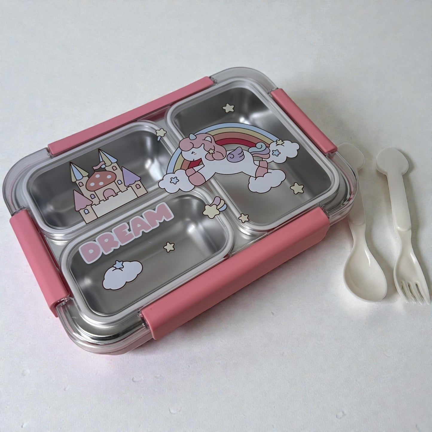 Lancheira Infantil Inox 3 Divisórias – Tampa com Travas - Modelos Dream e Space