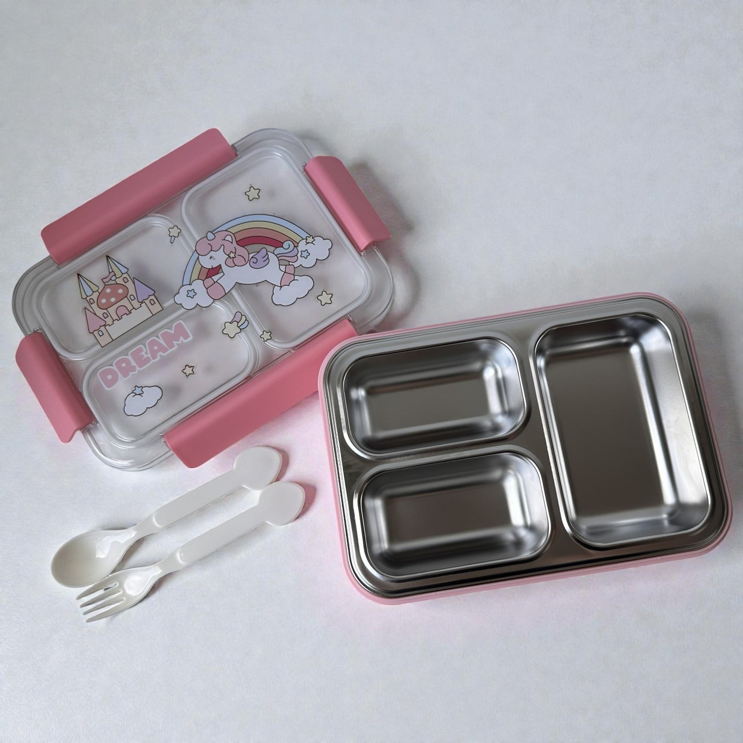 Lancheira Infantil Inox 3 Divisórias – Tampa com Travas - Modelos Dream e Space