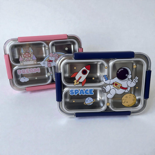 Lancheira Infantil Inox 3 Divisórias – Tampa com Travas - Modelos Dream e Space