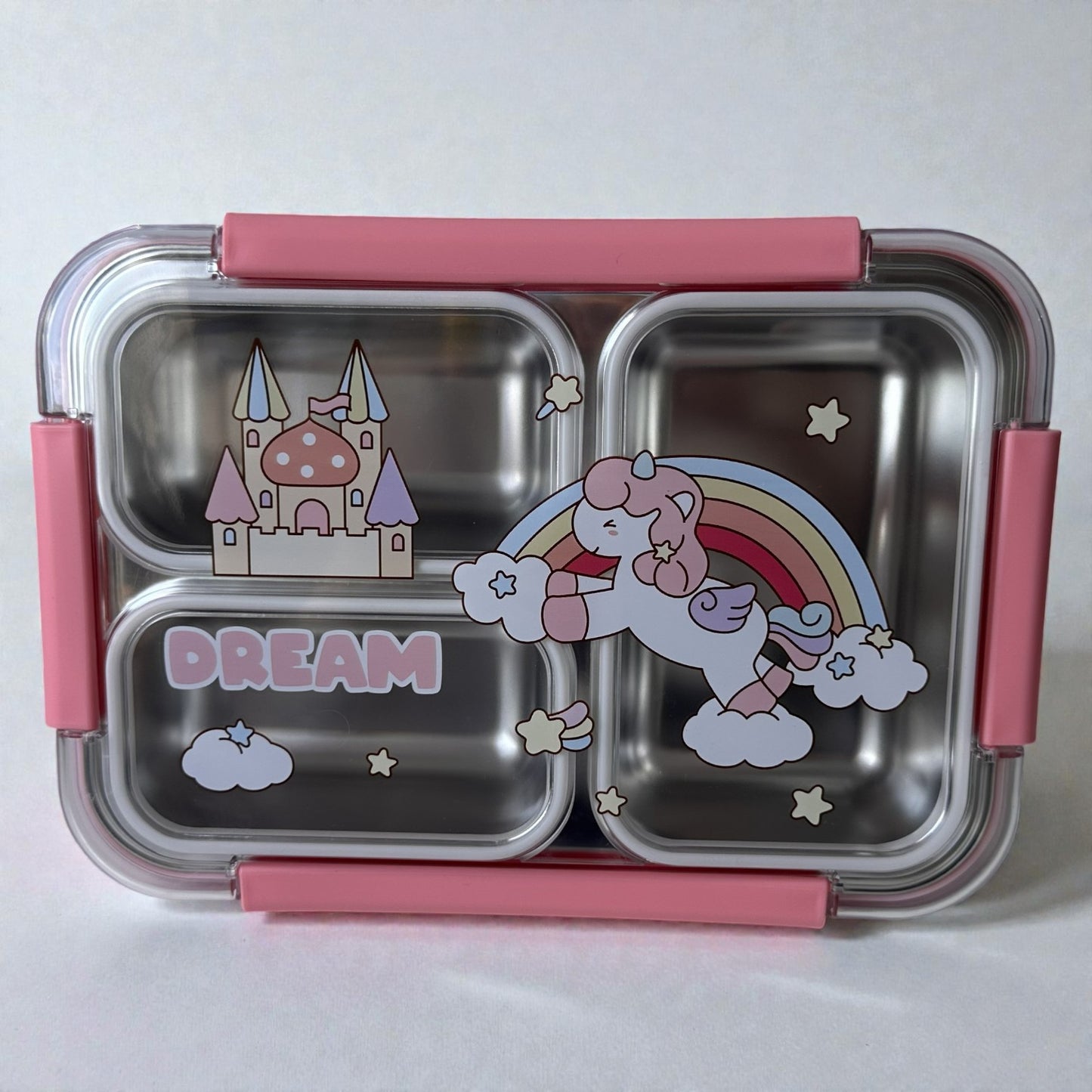 Lancheira Infantil Inox 3 Divisórias – Tampa com Travas - Modelos Dream e Space