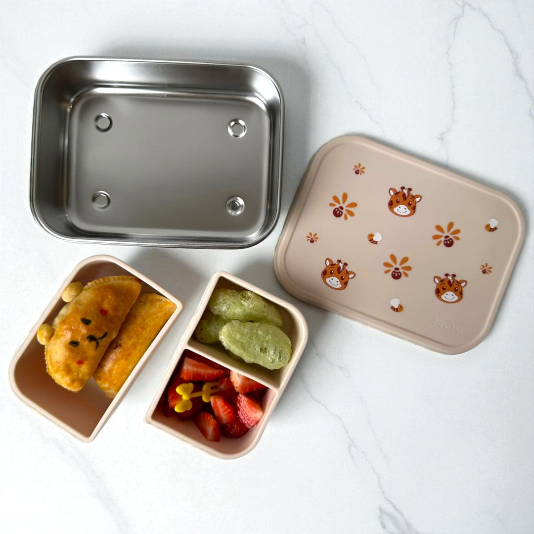 Lancheira Infantil Inox com Divisórias – Modelos Dino, Gatinha e Girafa