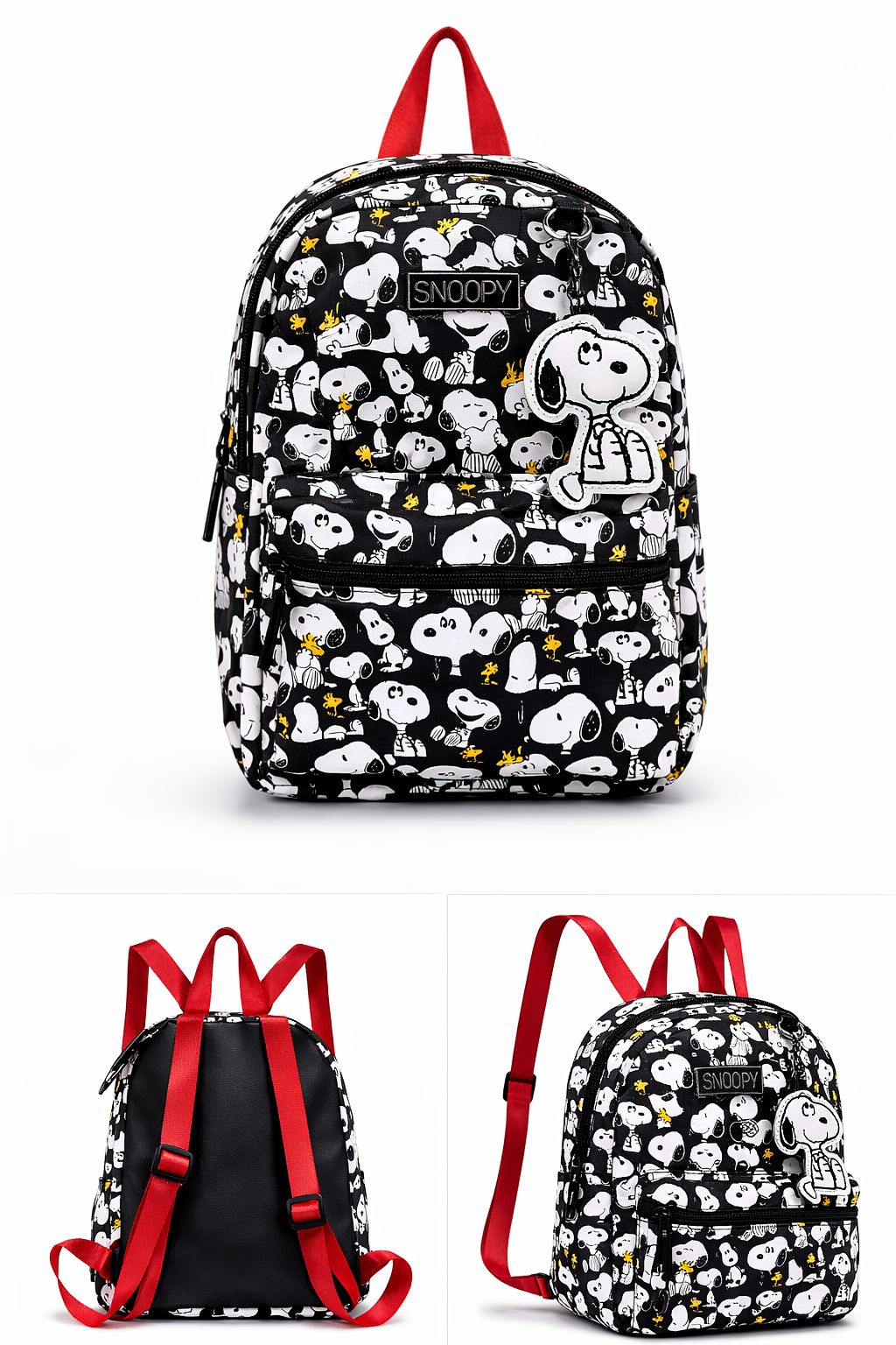 Mochila Infantil Snoopy Estampada Preta e Branca com Chaveiro