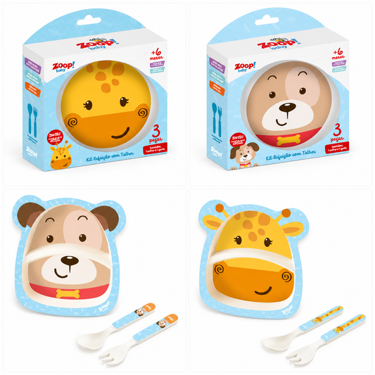 Kit Refeição Infantil Zoop Baby 3 Peças com Prato, Colher e Garfo – Girafa ou Cachorrinho