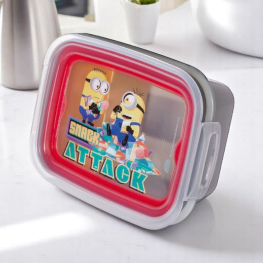 Lancheira Infantil Minions "Snack Attack" Cinza e Vermelha - 630ml | Tampa com Trava
